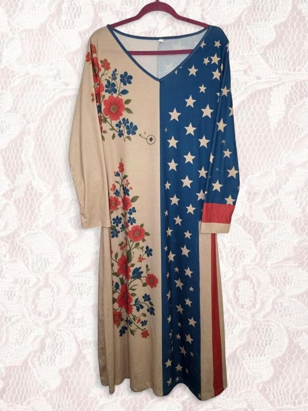 American Flag Floral Split Print Maxi Dress Long Sleeve XL
